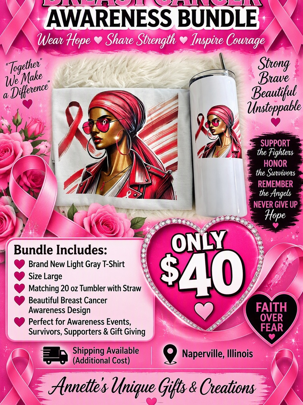 Breast Cancer Awareness Light Gray T-Shirt & White Tumbler Bundle - Pink Design